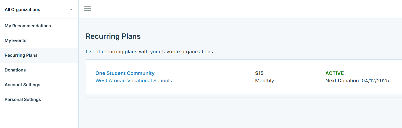 Donorbox Recurring Plan Example