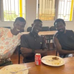 From left to right: Isnaba Sula (security guard), Tiofilu (Computer Literacy Program intern) and Cirilo (welding instructor) after a team lunch.